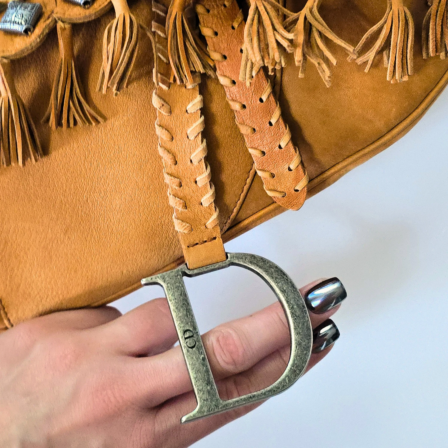 Dior Saddle Bag Suede Studded Fur Trim