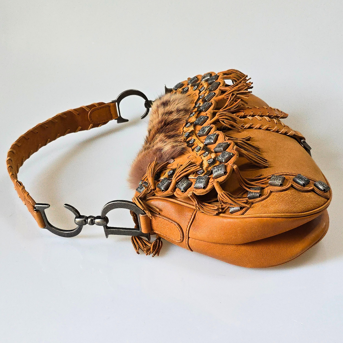 Dior Saddle Bag Suede Studded Fur Trim