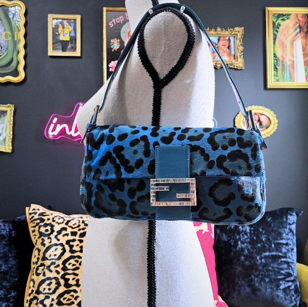 Fendi Baguette Leopard Print Pony Hair Blue with Crystal Detail