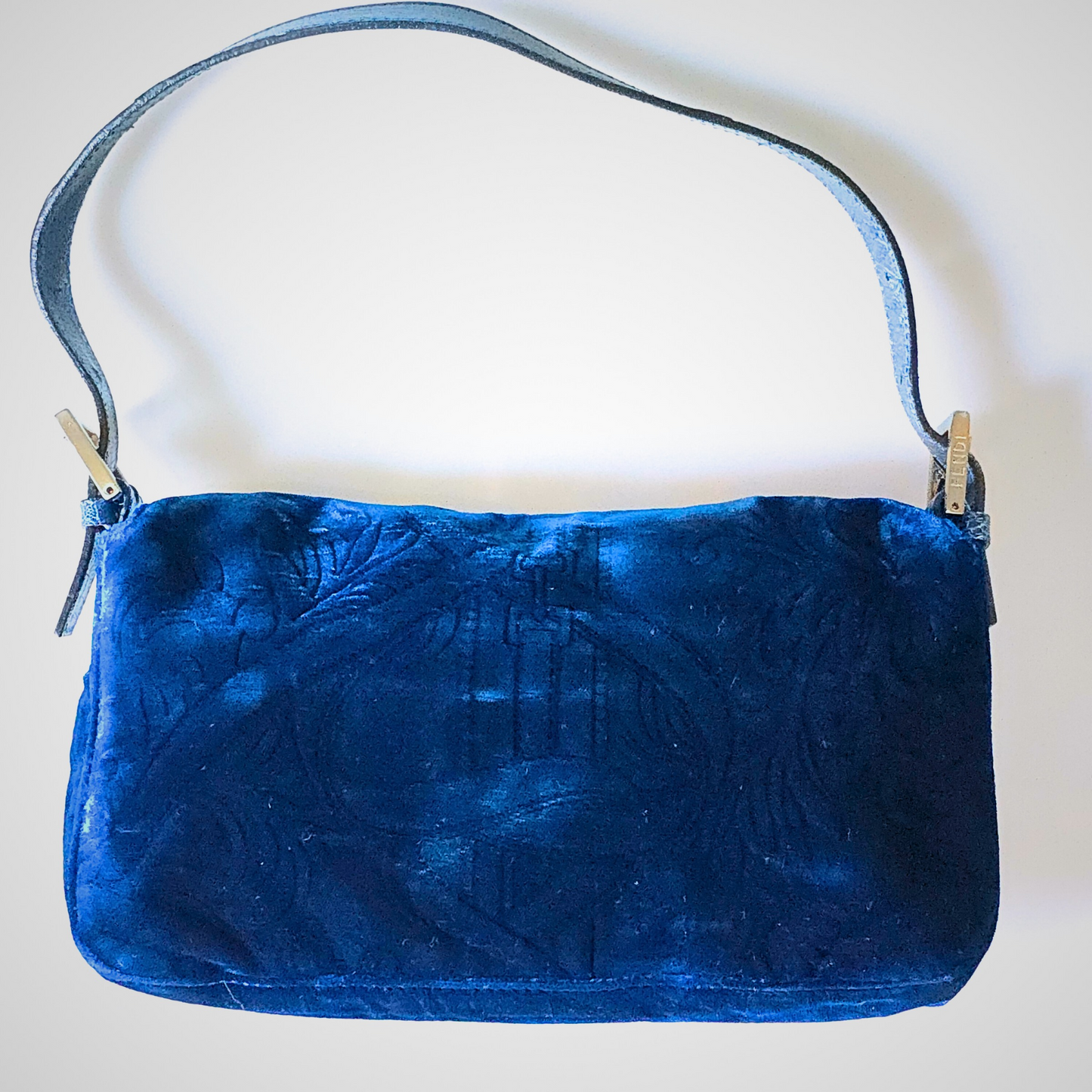 Fendi Baguette Crushed Velvet Royal Blue Crocodile Trim