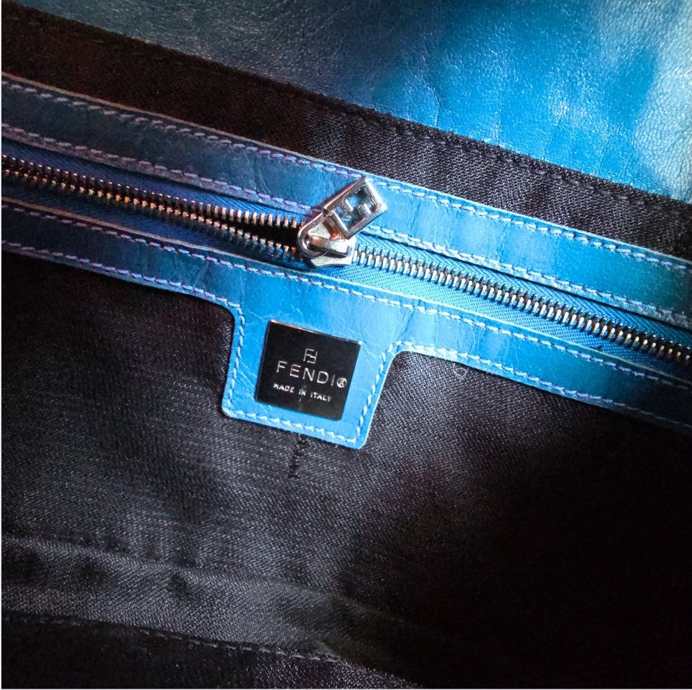 Fendi Baguette Leopard Print Pony Hair Blue with Crystal Detail