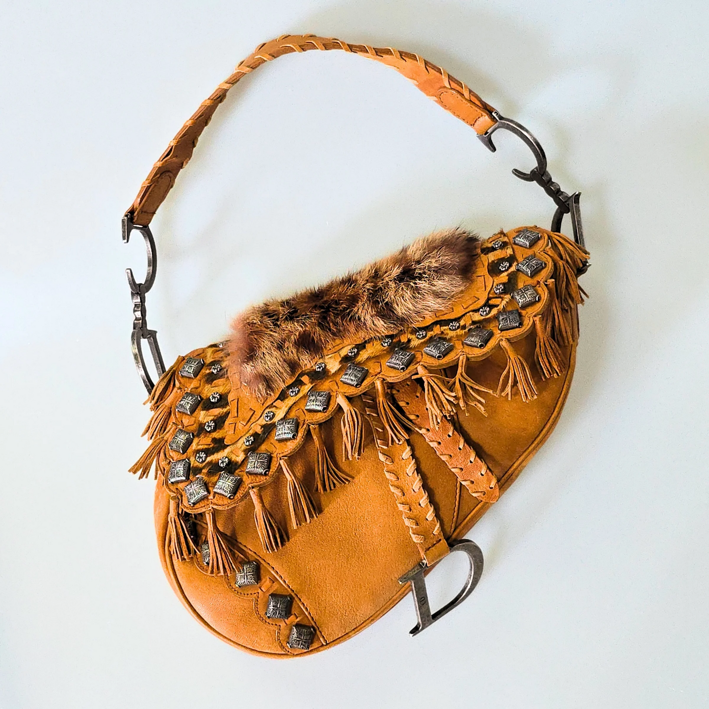 Dior Saddle Bag Suede Studded Fur Trim