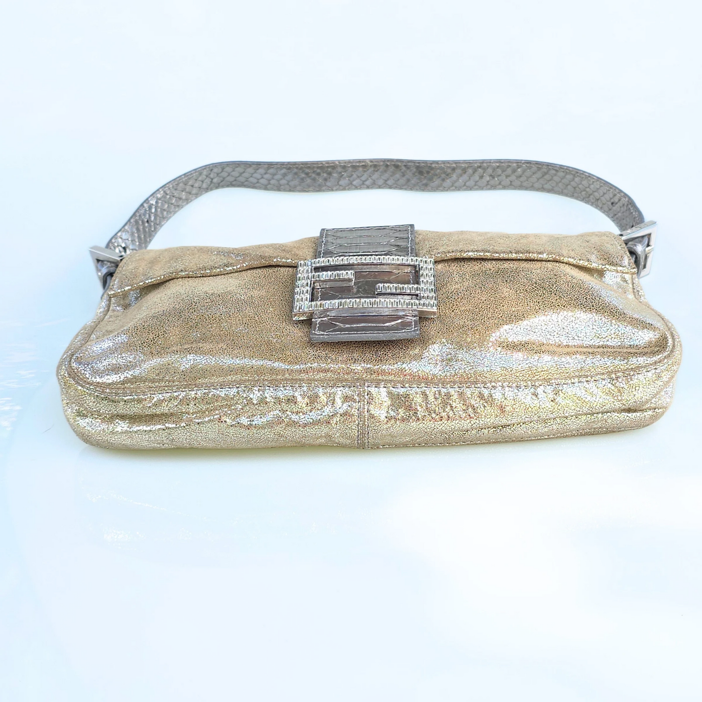Fendi Baguette Metallic Suede Python Leather