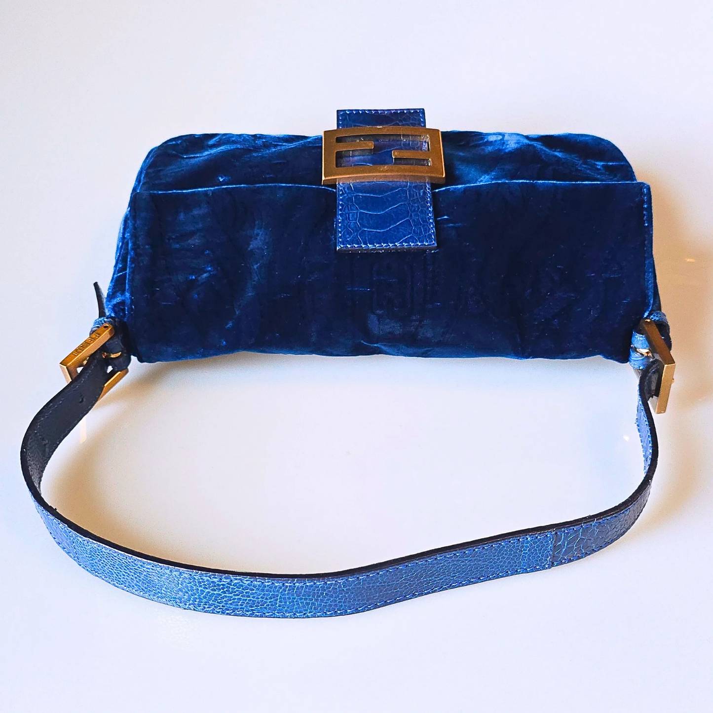 Fendi Baguette Crushed Velvet Royal Blue Crocodile Trim