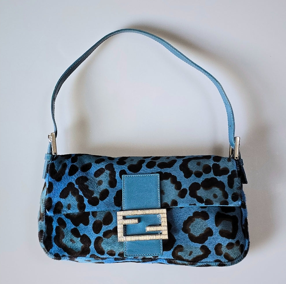 Fendi Baguette Leopard Print Pony Hair Blue with Crystal Detail