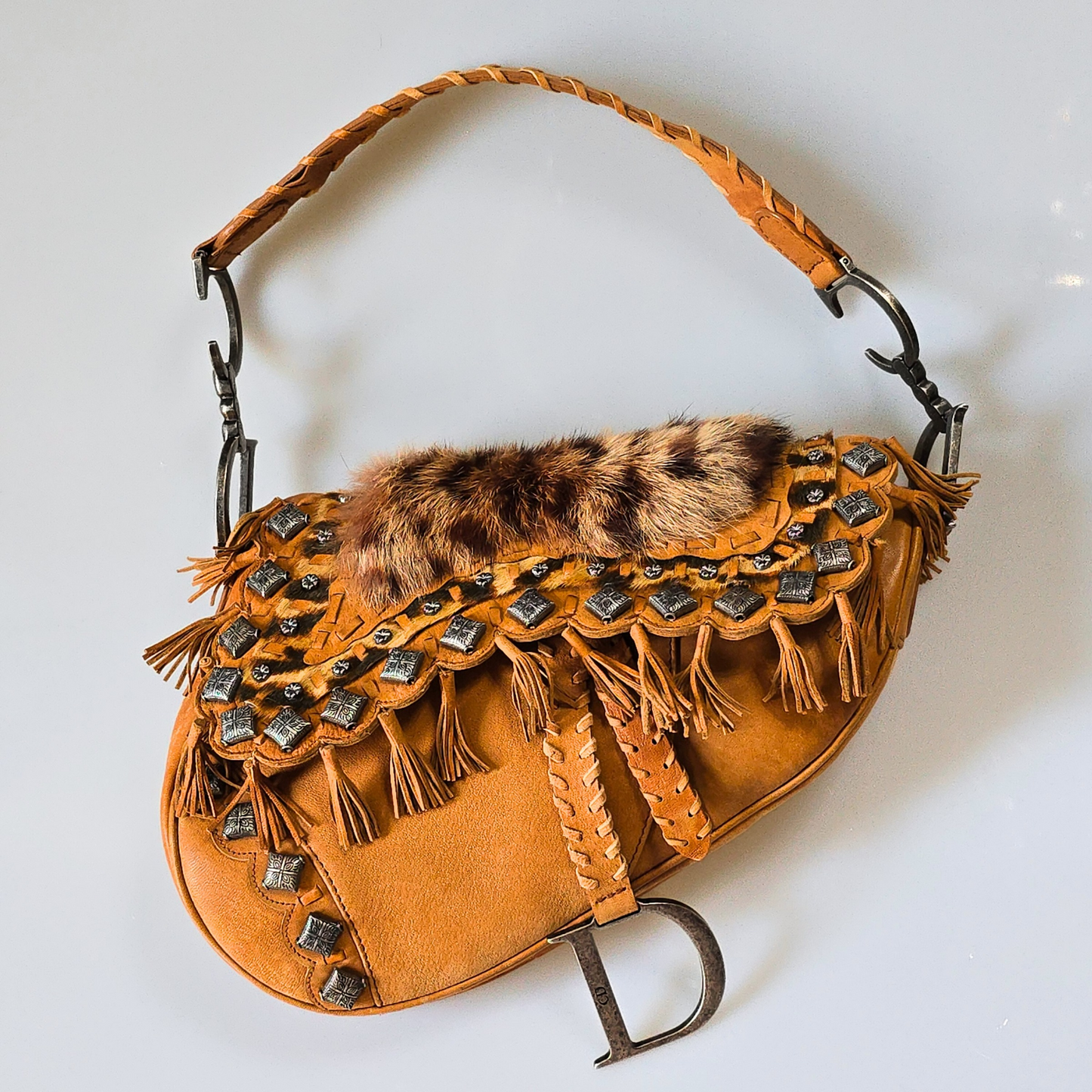 Dior Saddle Bag Suede Studded Fur Trim