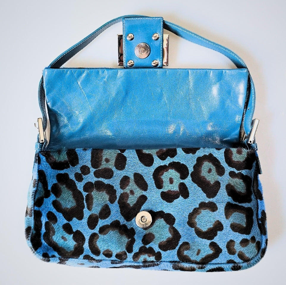 Fendi Baguette Leopard Print Pony Hair Blue with Crystal Detail
