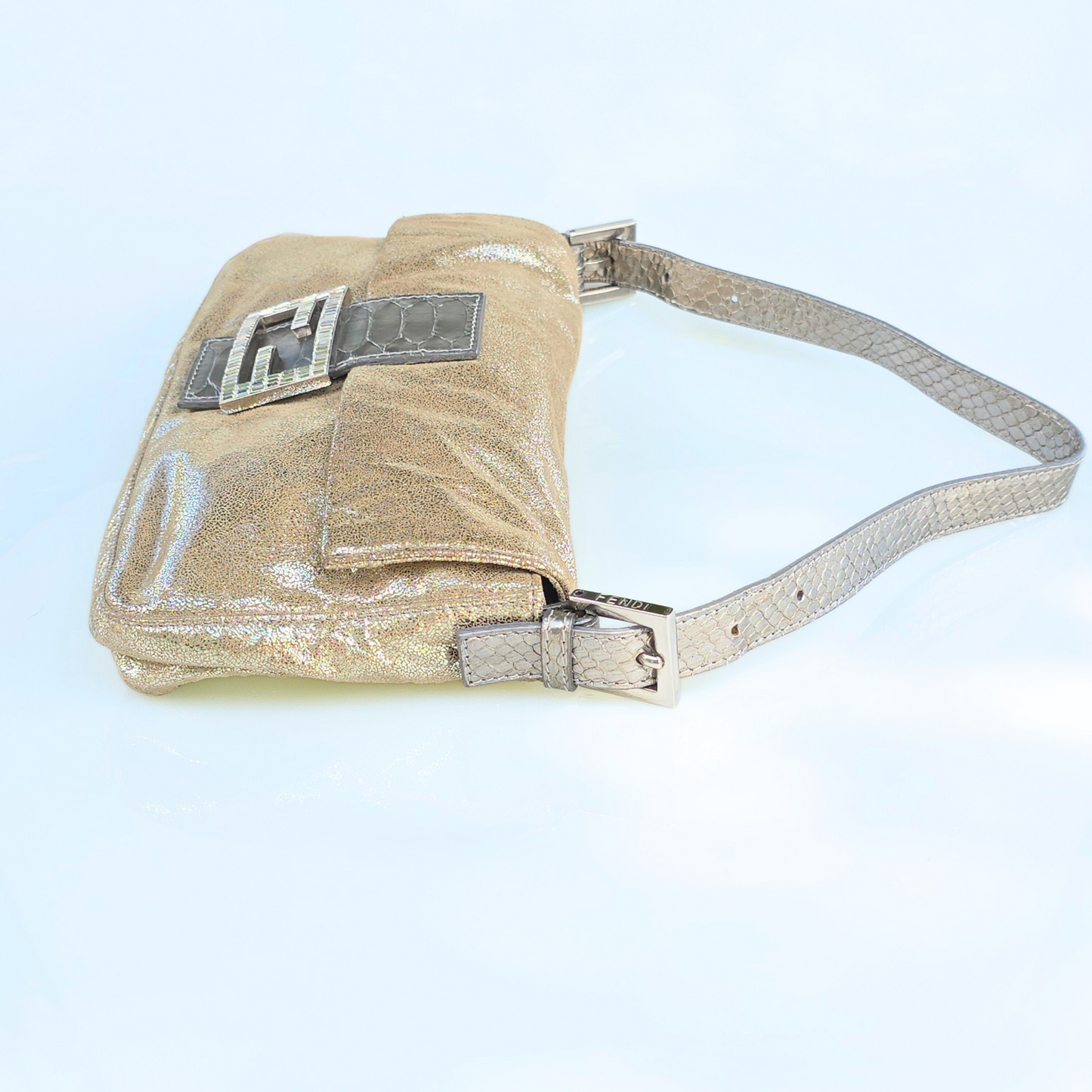 Fendi Baguette Metallic Suede Python Leather