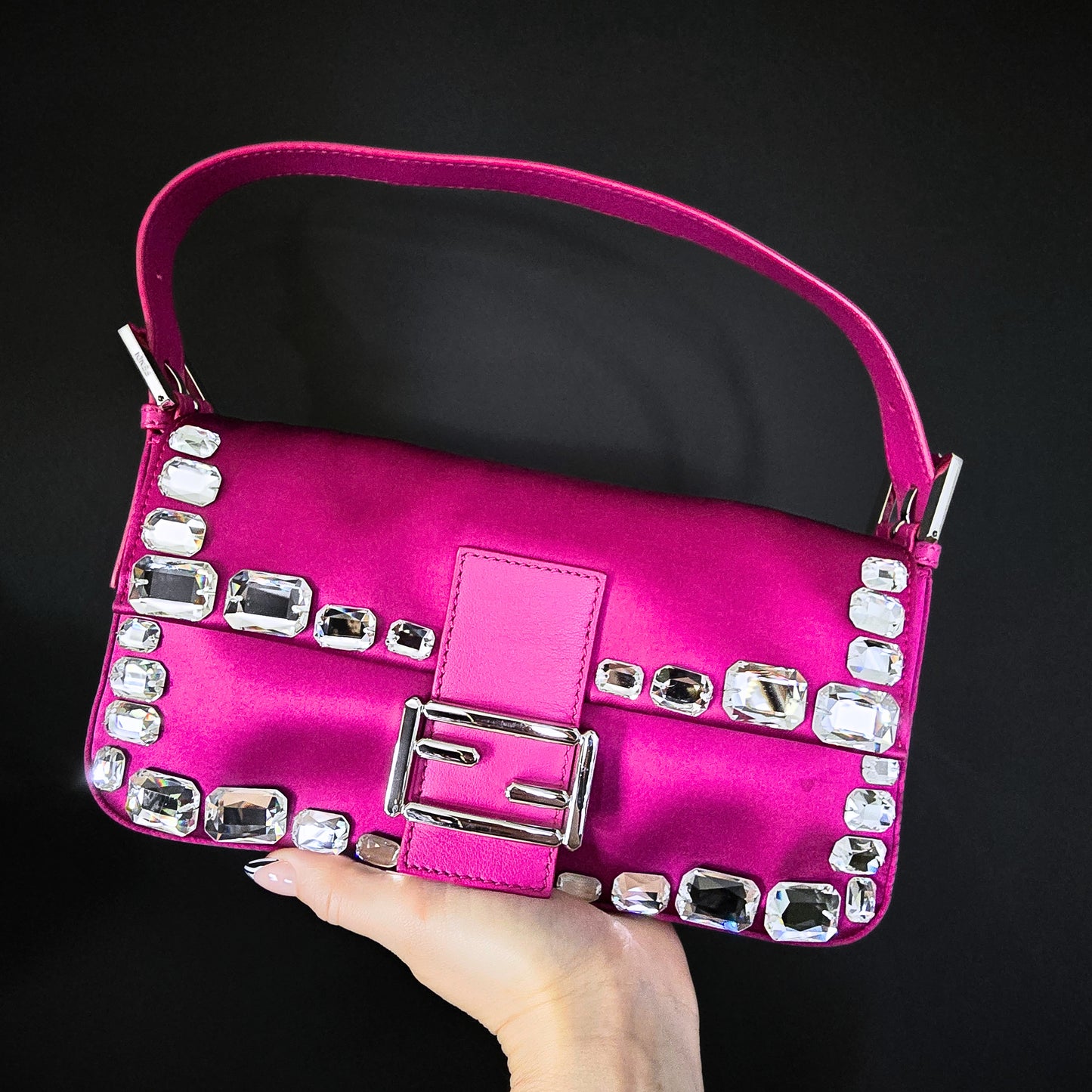 Fendi Baguette Fuchsia Silk Diamond Crystals
