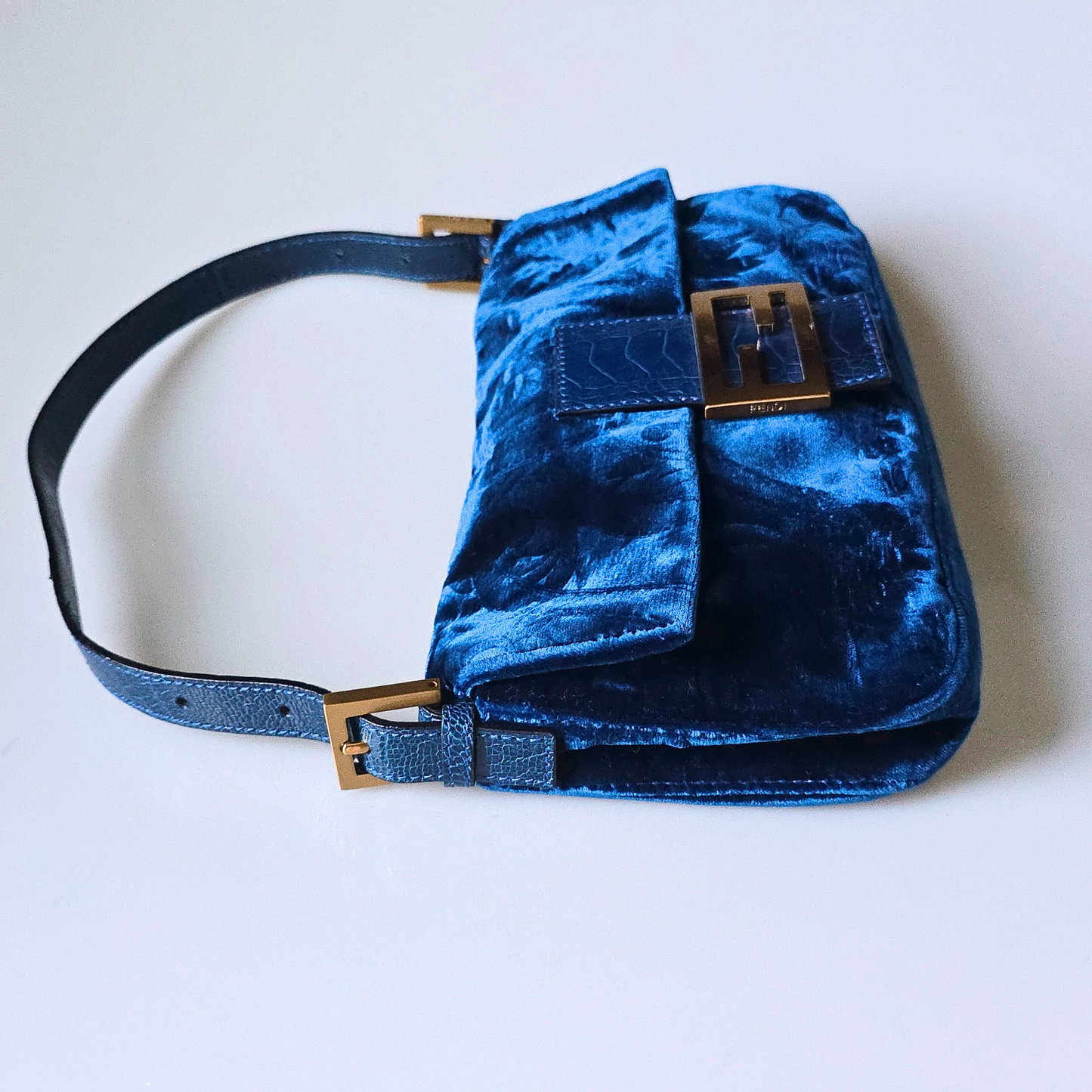 Fendi Baguette Crushed Velvet Royal Blue Crocodile Trim