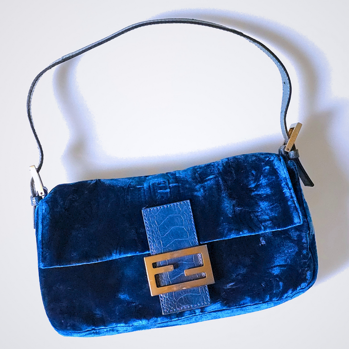 Fendi Baguette Crushed Velvet Royal Blue Crocodile Trim