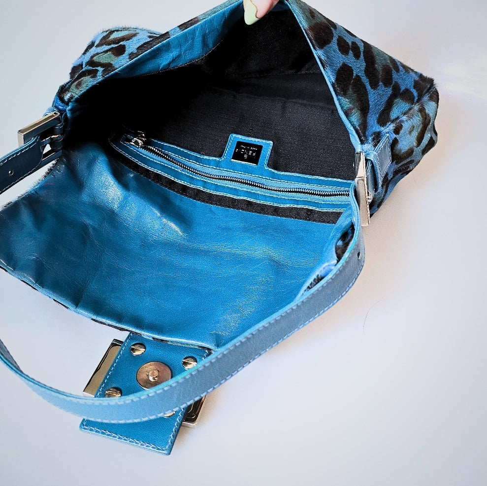 Fendi Baguette Leopard Print Pony Hair Blue with Crystal Detail