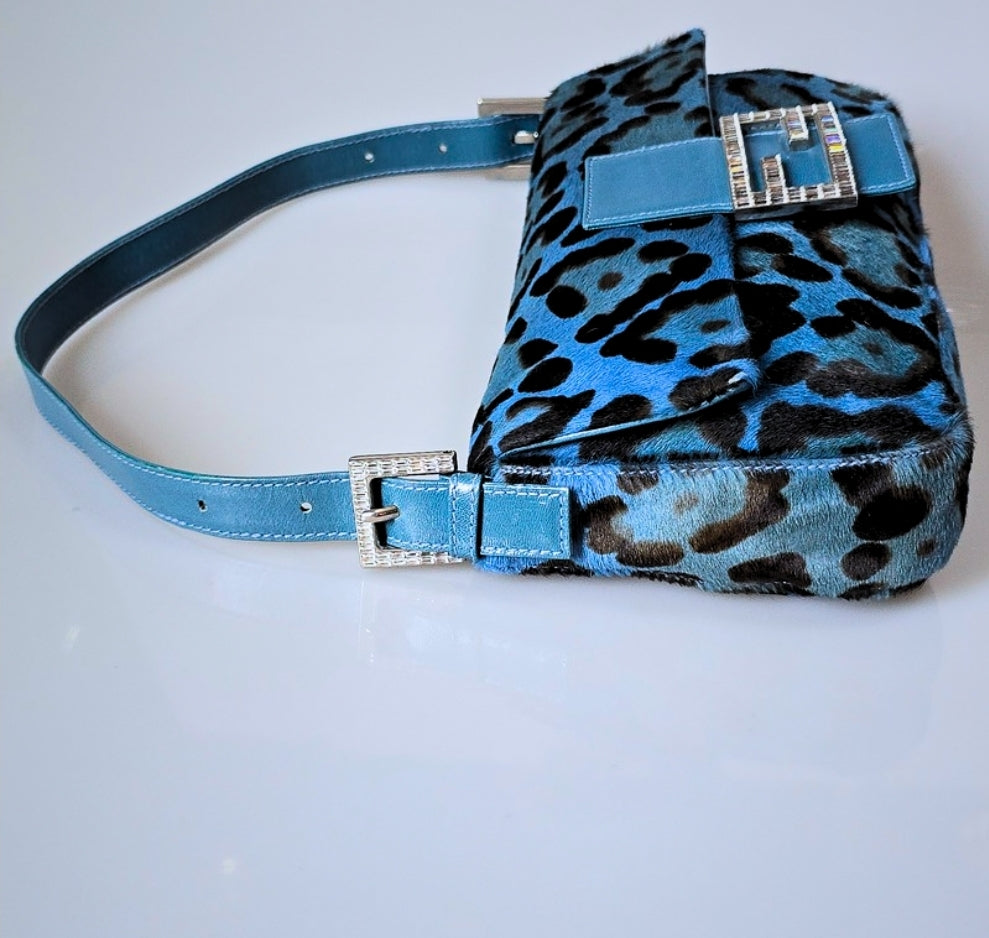 Fendi Baguette Leopard Print Pony Hair Blue with Crystal Detail