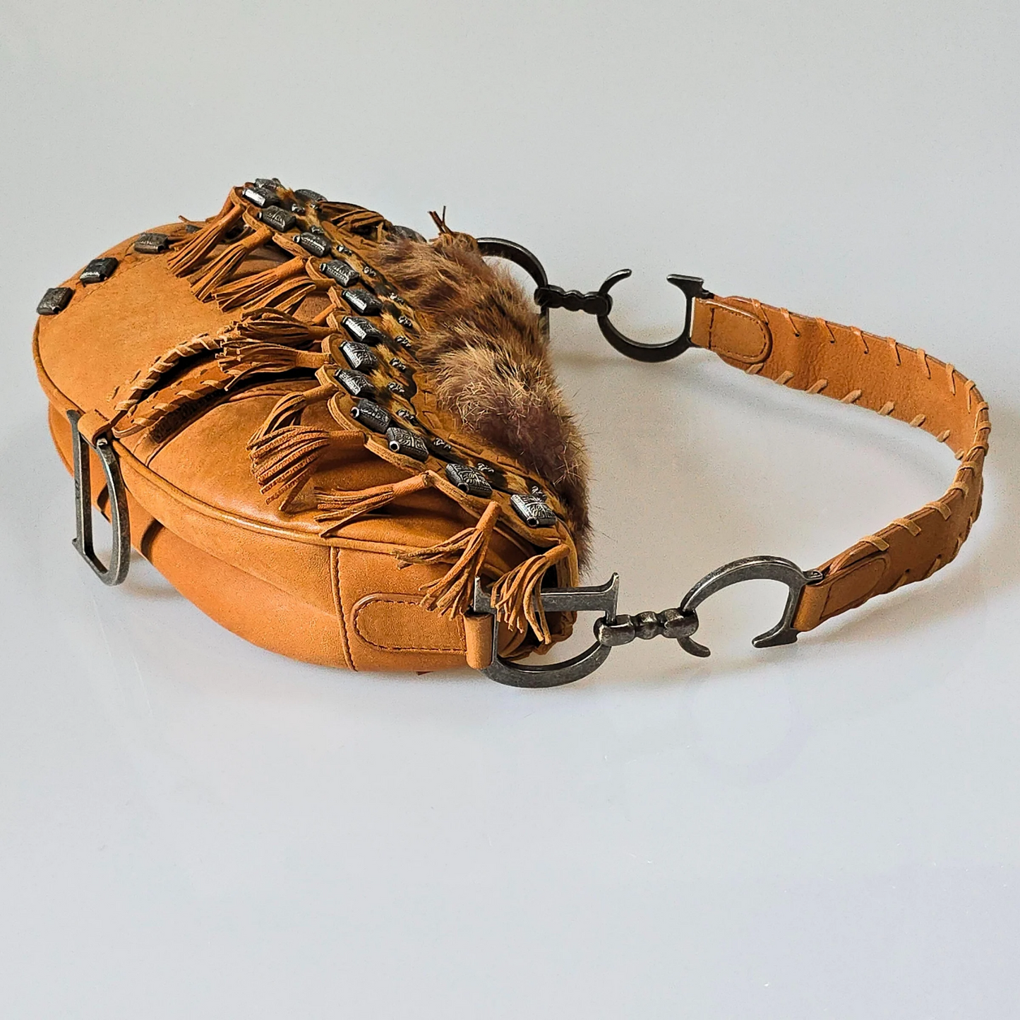 Dior Saddle Bag Suede Studded Fur Trim