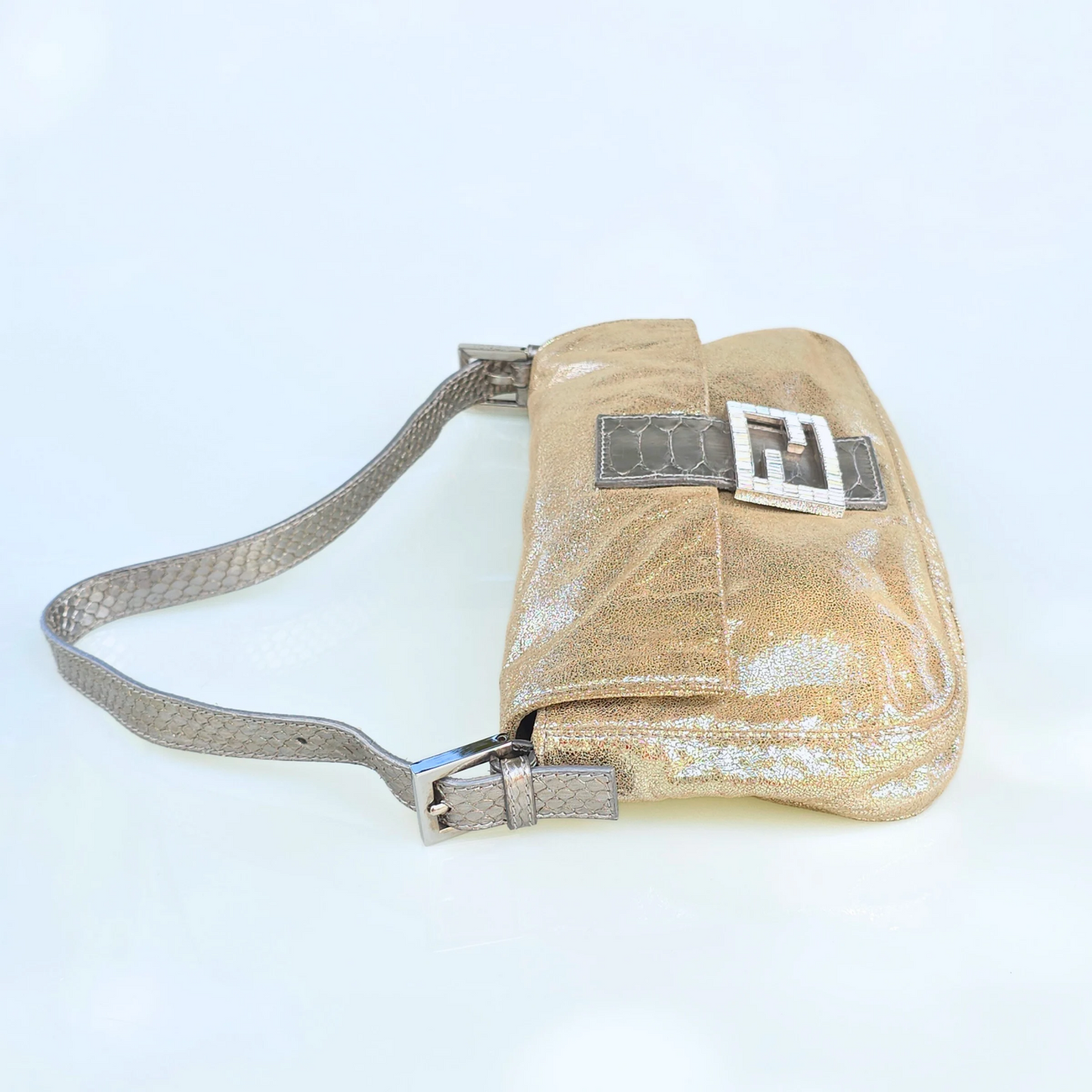 Fendi Baguette Metallic Suede Python Leather