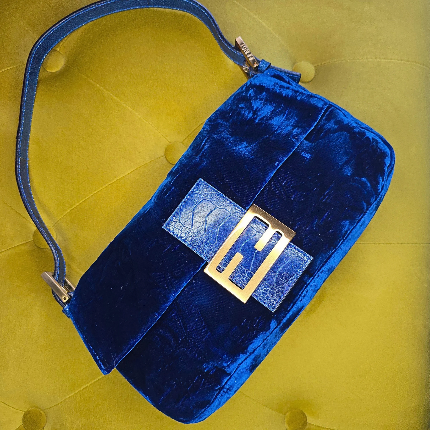 Fendi Baguette Crushed Velvet Royal Blue Crocodile Trim