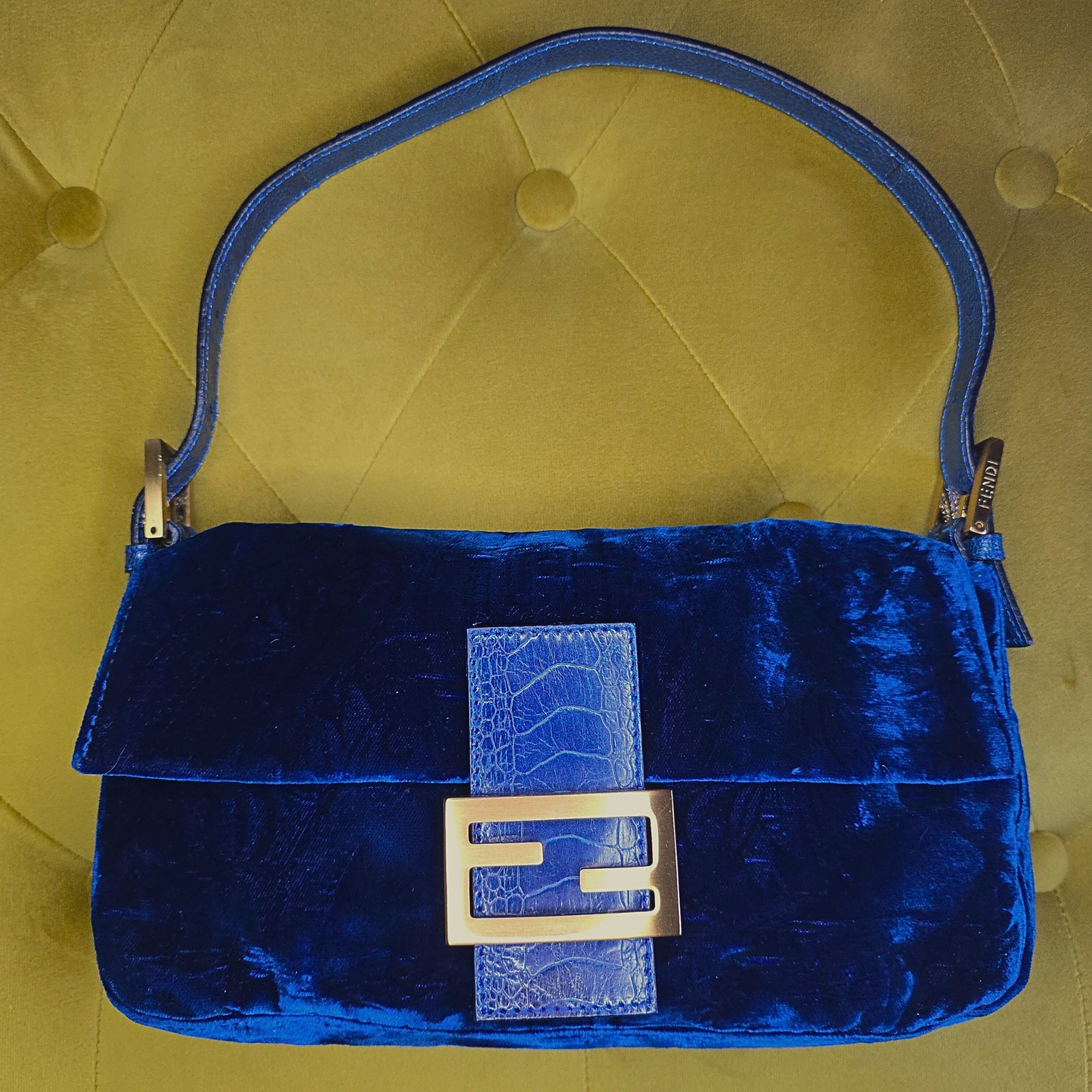 Fendi Baguette Crushed Velvet Royal Blue Crocodile Trim