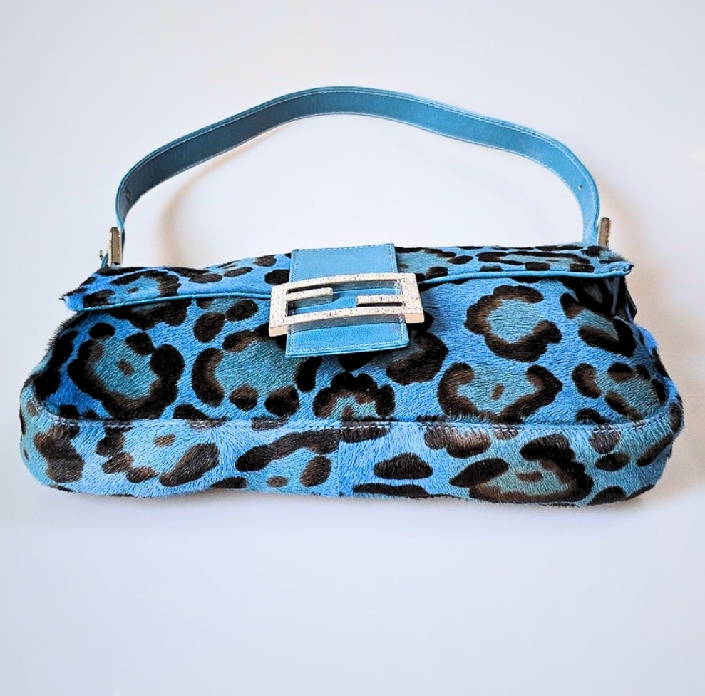 Fendi Baguette Leopard Print Pony Hair Blue with Crystal Detail