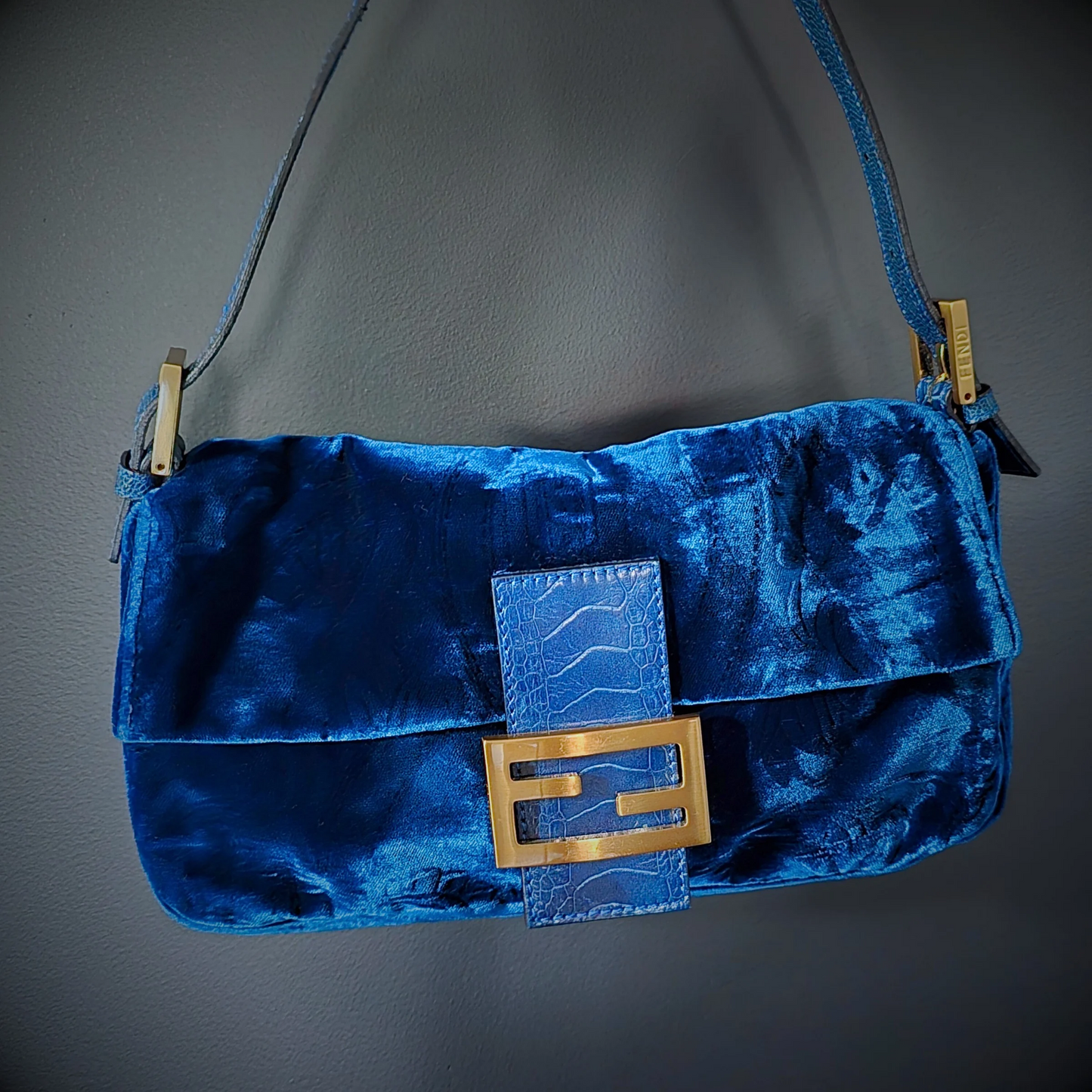 Fendi Baguette Crushed Velvet Royal Blue Crocodile Trim