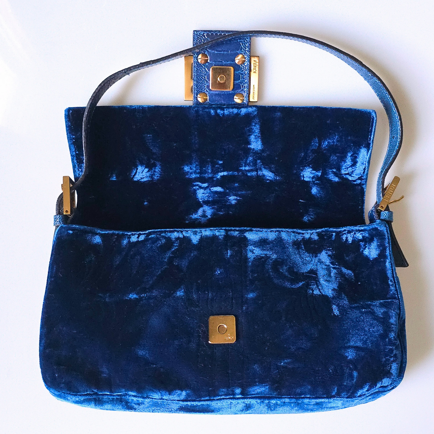 Fendi Baguette Crushed Velvet Royal Blue Crocodile Trim