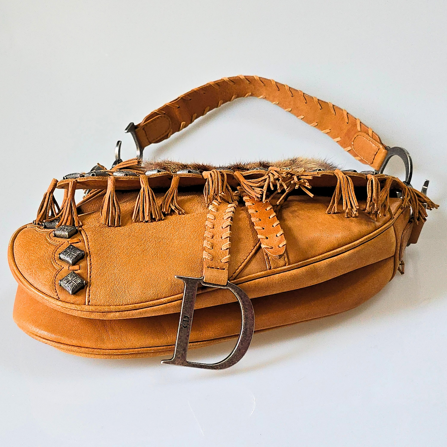 Dior Saddle Bag Suede Studded Fur Trim