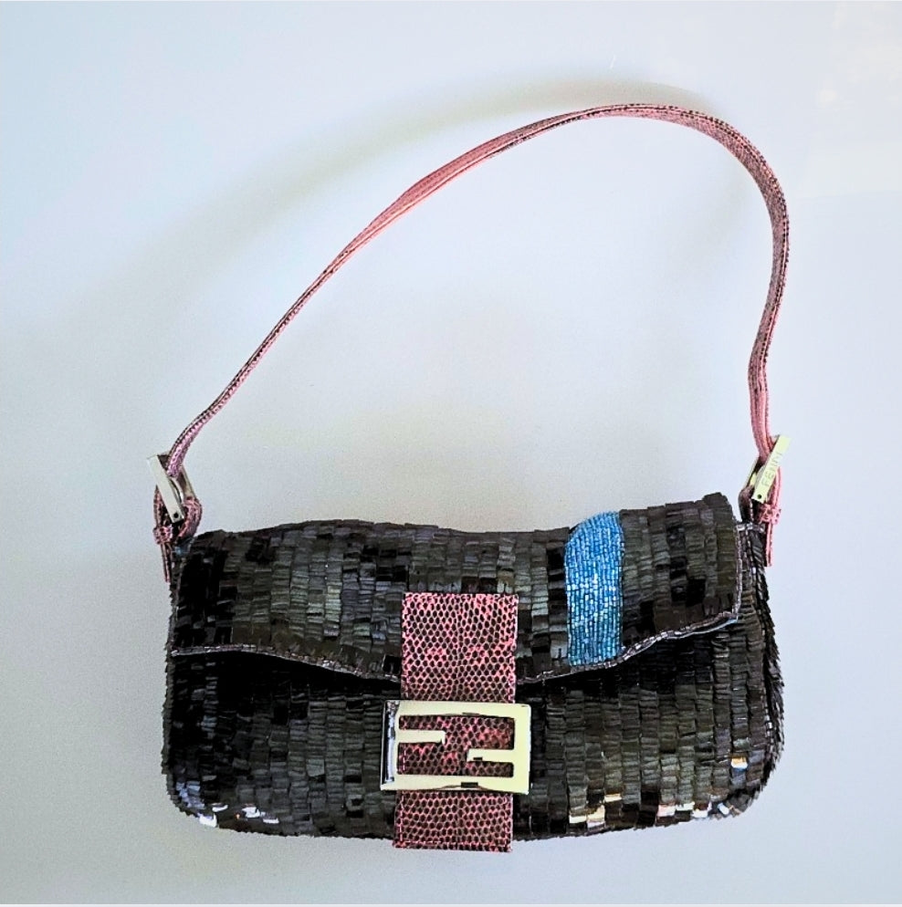 Fendi Baguette Sequins with Beaded Stripe Detailing and Lizard Trim