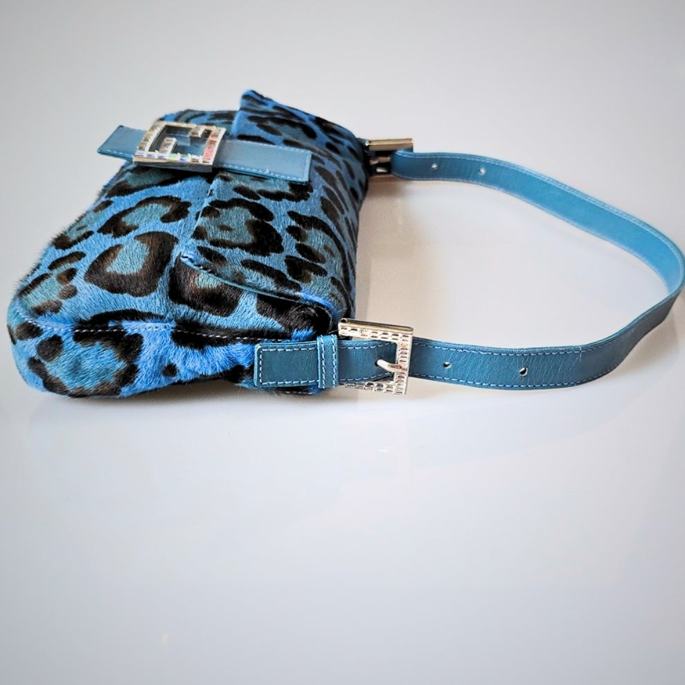 Fendi Baguette Leopard Print Pony Hair Blue with Crystal Detail