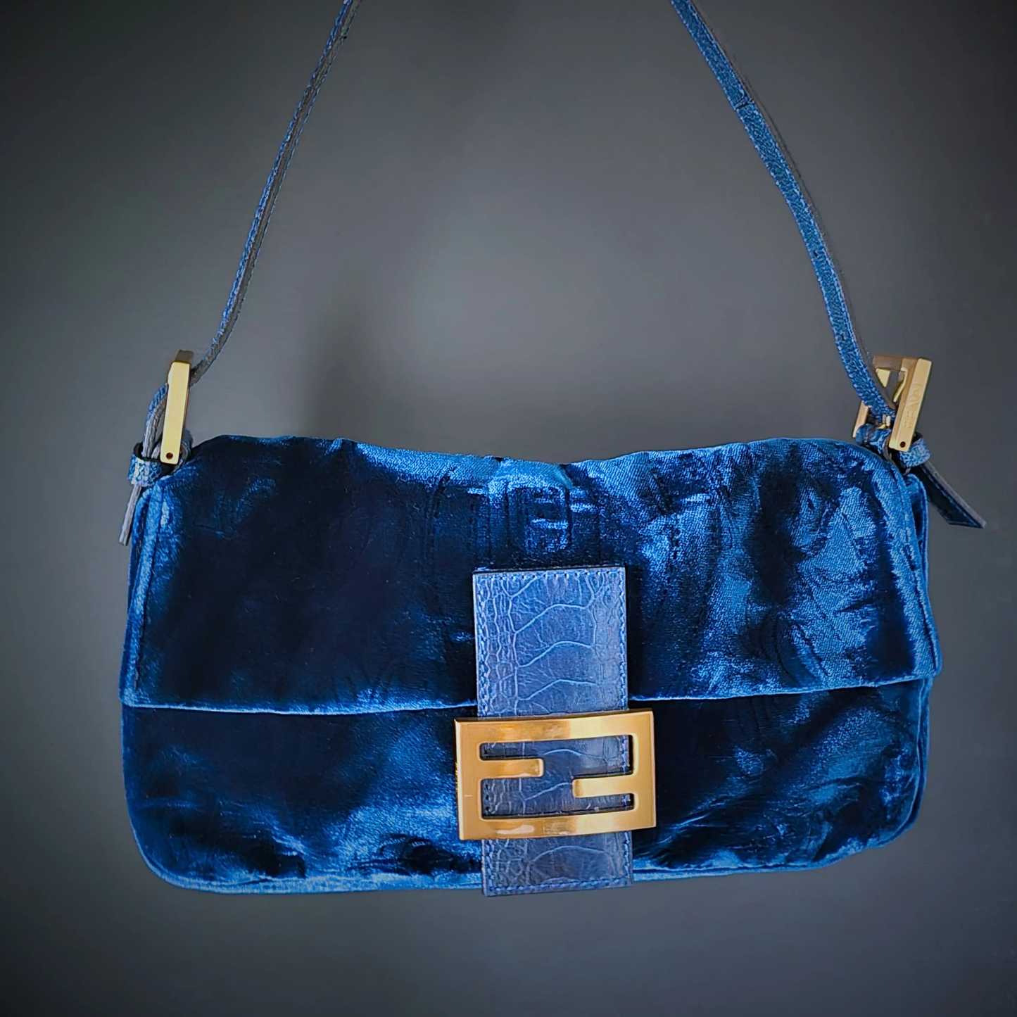 Fendi Baguette Crushed Velvet Royal Blue Crocodile Trim