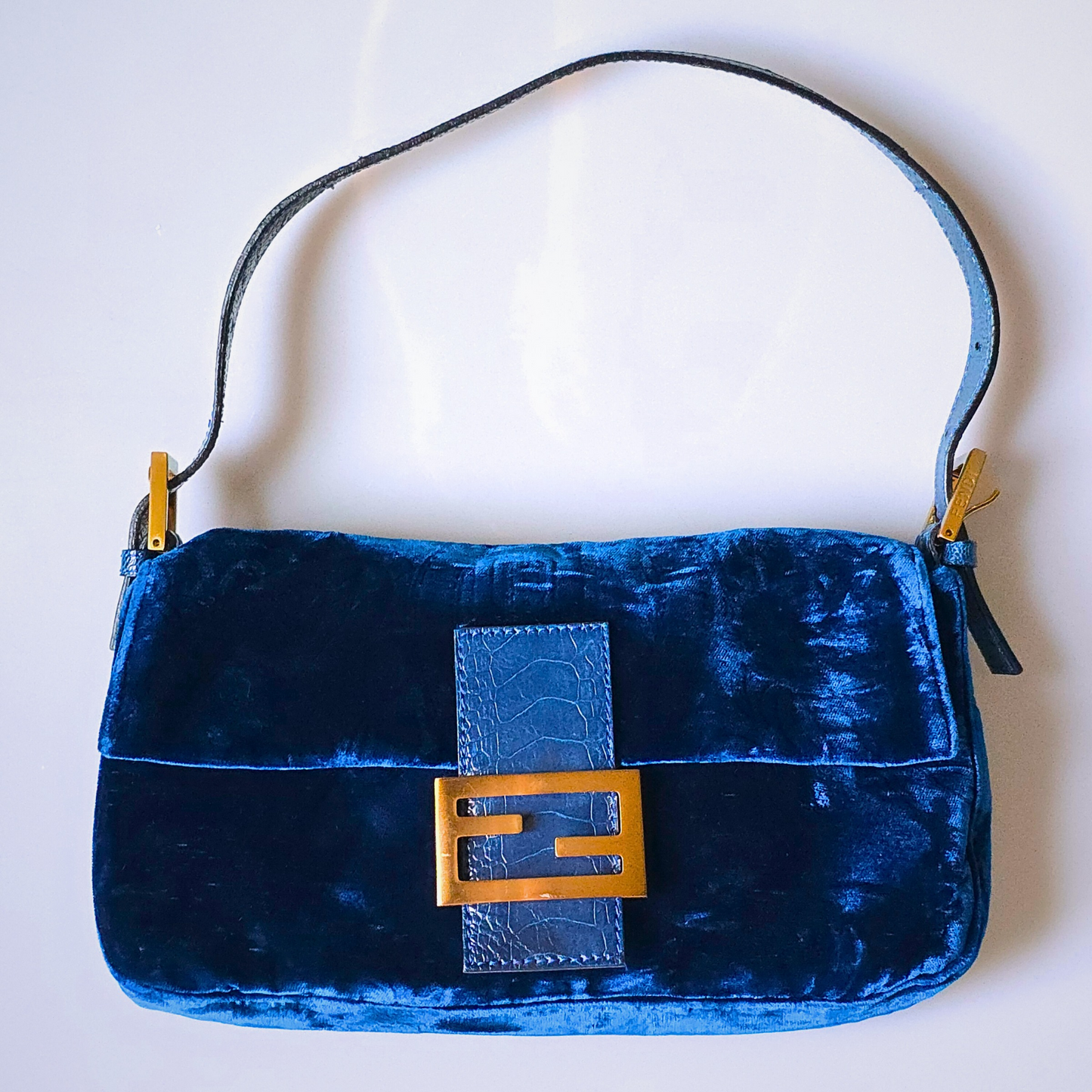 Fendi Baguette Crushed Velvet Royal Blue Crocodile Trim