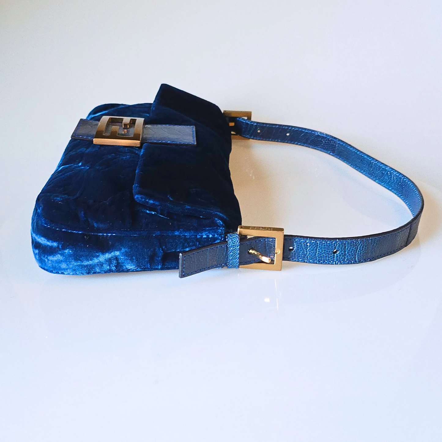 Fendi Baguette Crushed Velvet Royal Blue Crocodile Trim