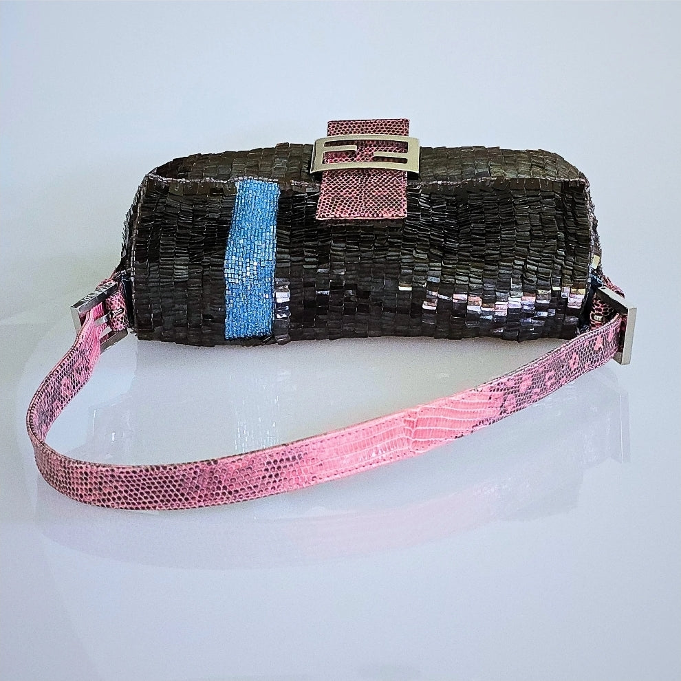 Fendi Baguette Sequins with Beaded Stripe Detailing and Lizard Trim