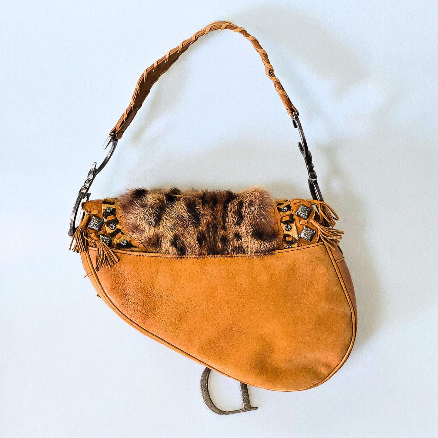 Dior Saddle Bag Suede Studded Fur Trim