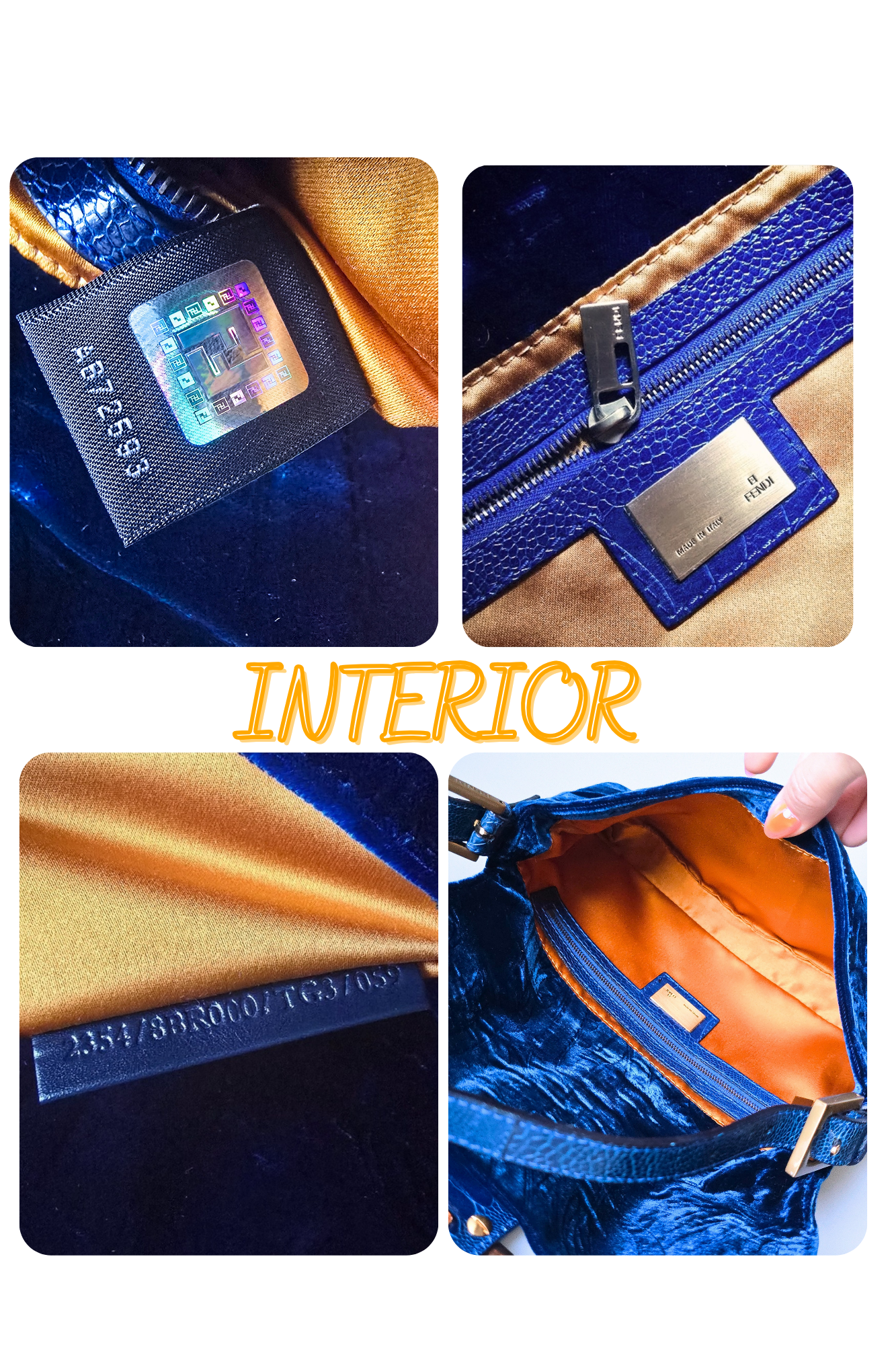 Fendi Baguette Crushed Velvet Royal Blue Crocodile Trim