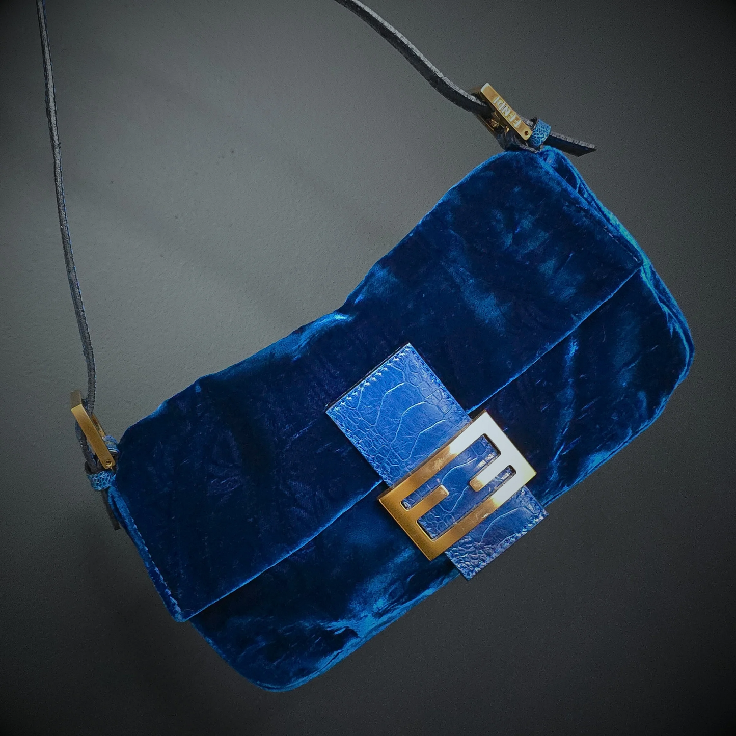 Fendi Baguette Crushed Velvet Royal Blue Crocodile Trim