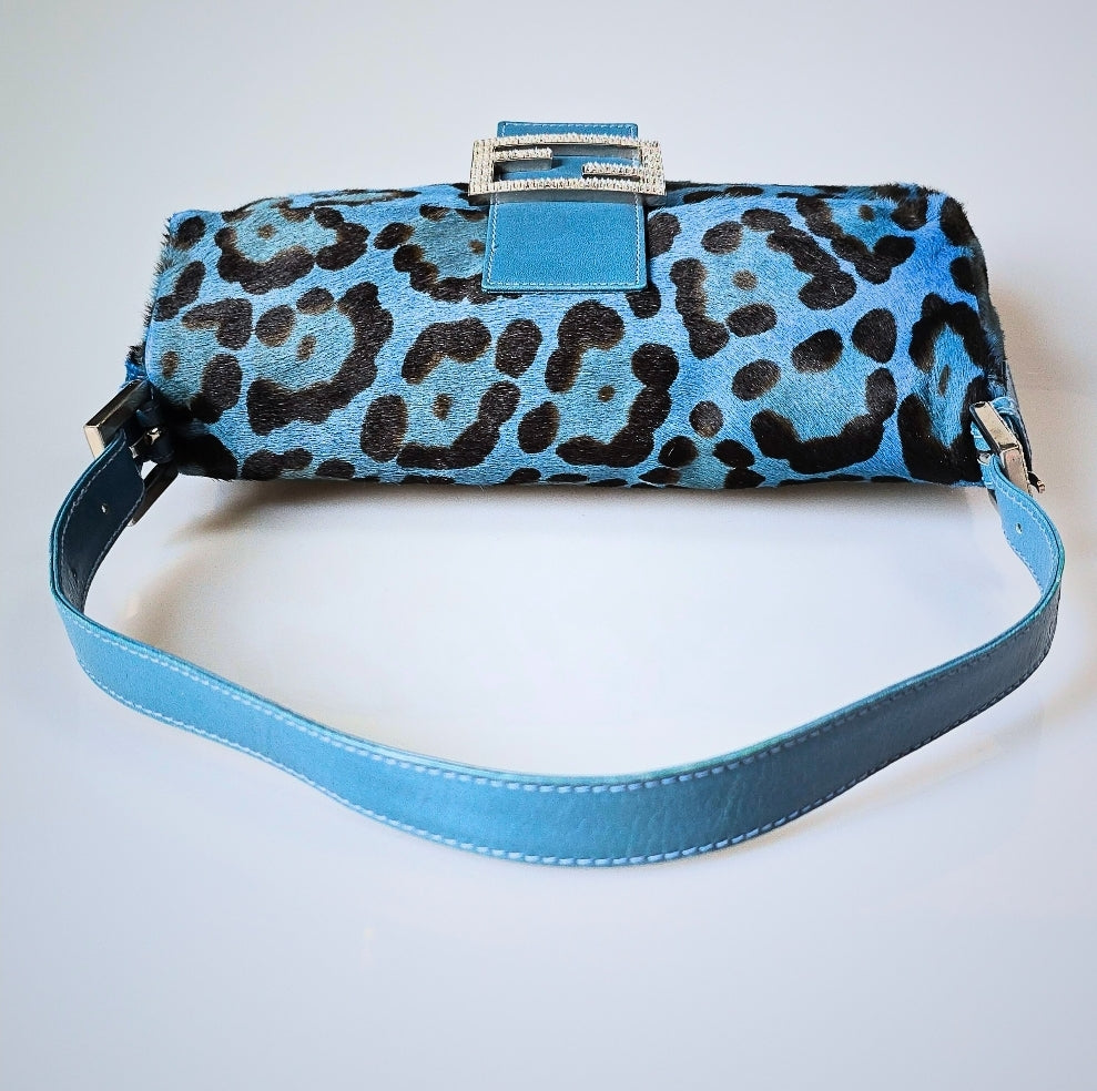 Fendi Baguette Leopard Print Pony Hair Blue with Crystal Detail