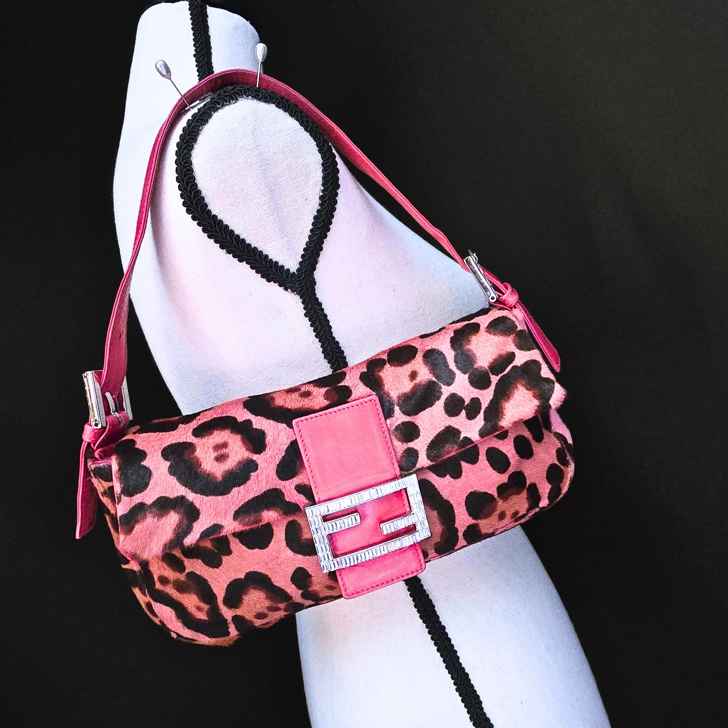 Fendi Baguette Hot Pink Leopard Pony Hair Crystal Buckles