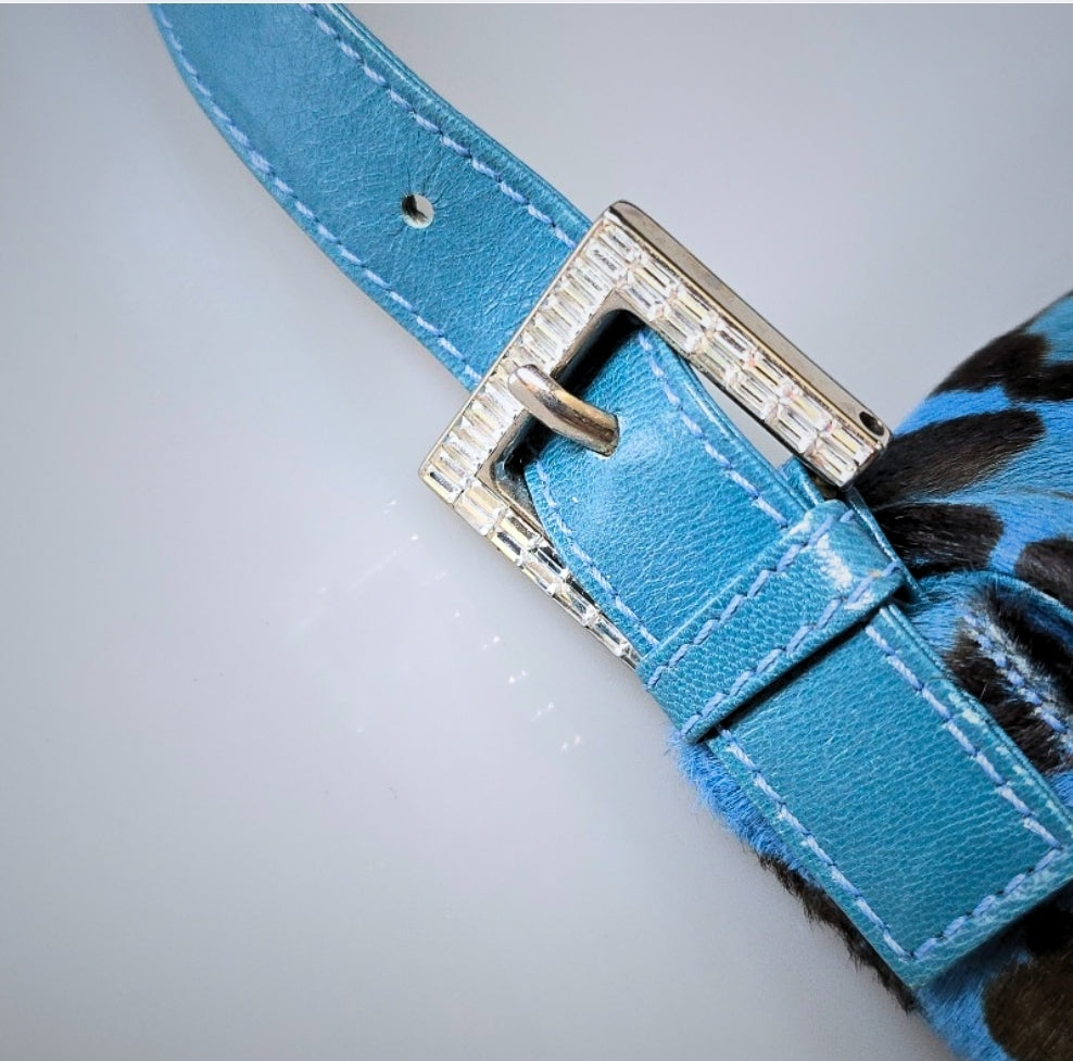 Fendi Baguette Leopard Print Pony Hair Blue with Crystal Detail