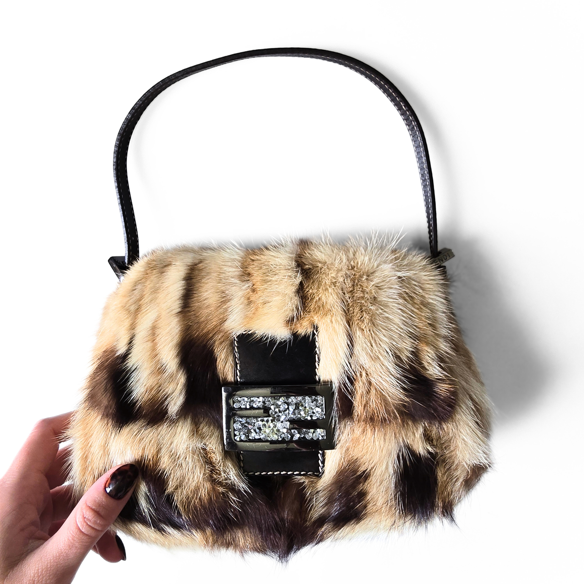 Fendi Mini Mama Baguette Genuine Mink Fur Crystal Detail