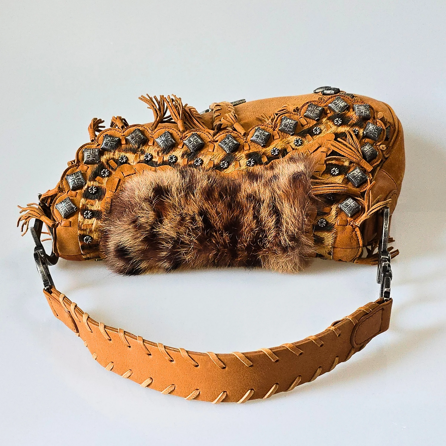 Dior Saddle Bag Suede Studded Fur Trim