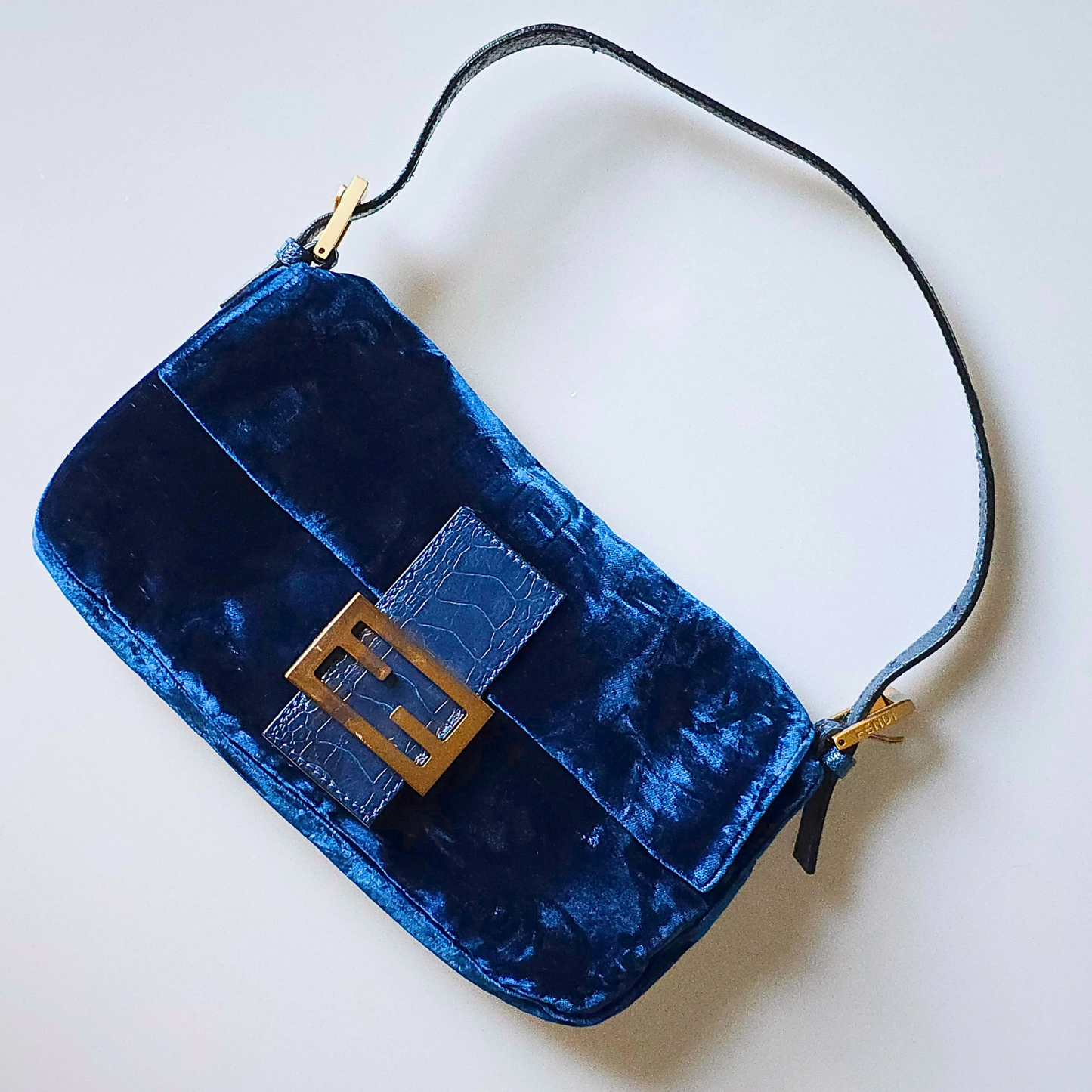 Fendi Baguette Crushed Velvet Royal Blue Crocodile Trim