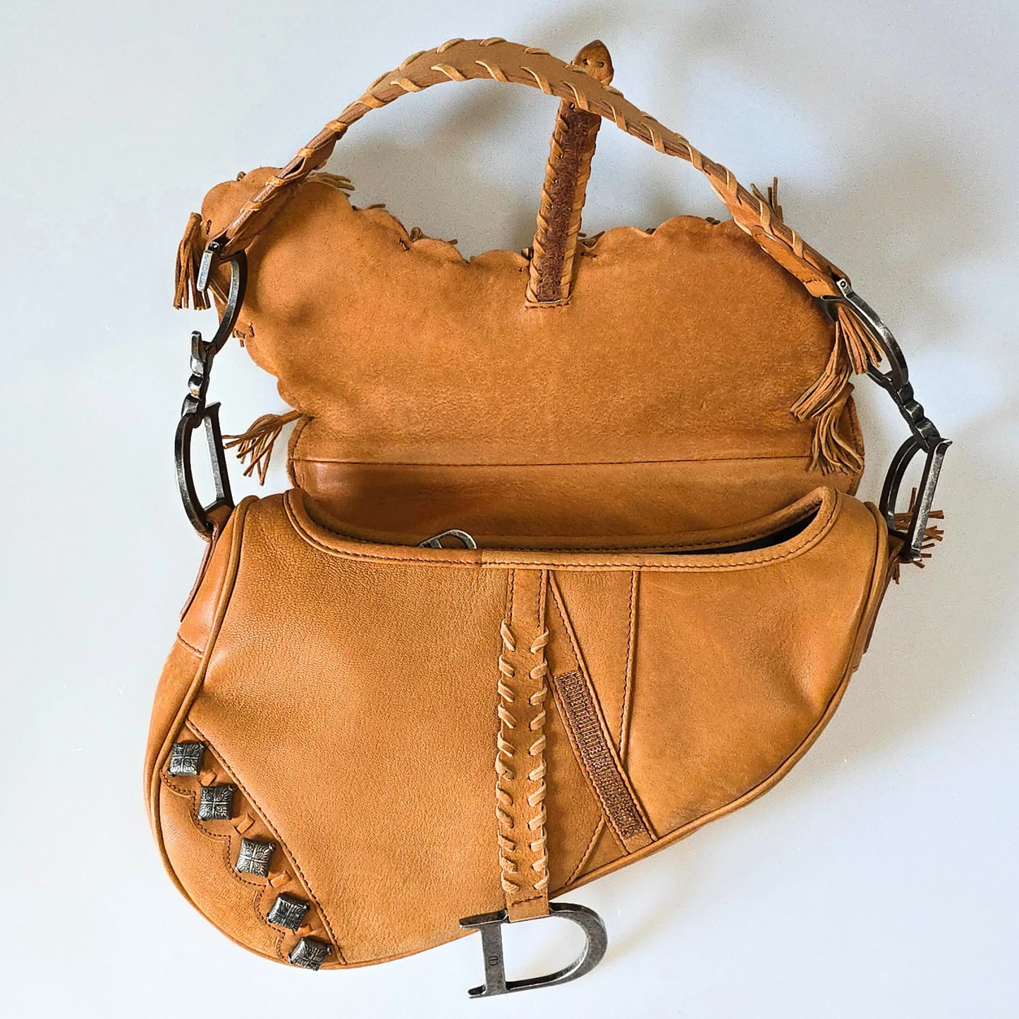 Dior Saddle Bag Suede Studded Fur Trim