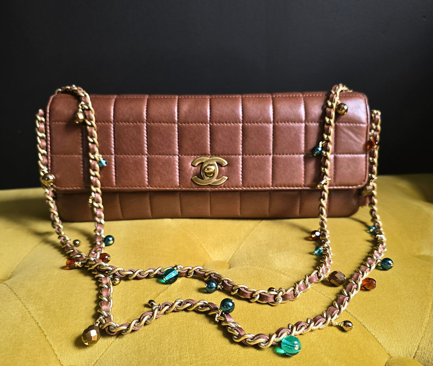 Chanel Chocolate Bar Single Flap Bag Rare Beaded Embellished Chain Strap