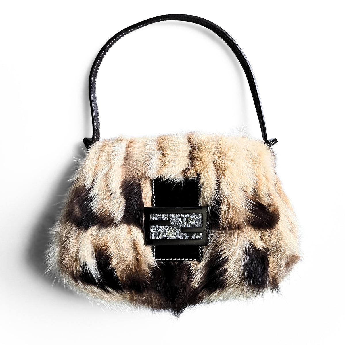 Fendi Mini Mama Baguette Genuine Mink Fur Crystal Detail