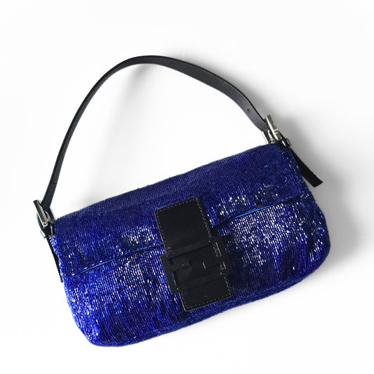 Fendi Baguette Beaded Sapphire Blue Black Leather Detail