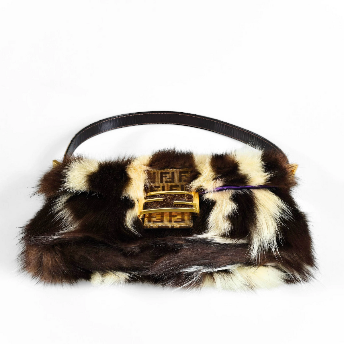 Fendi Baguette Genuine Skunk Fur Zucchino Trim Gold Glitter HW