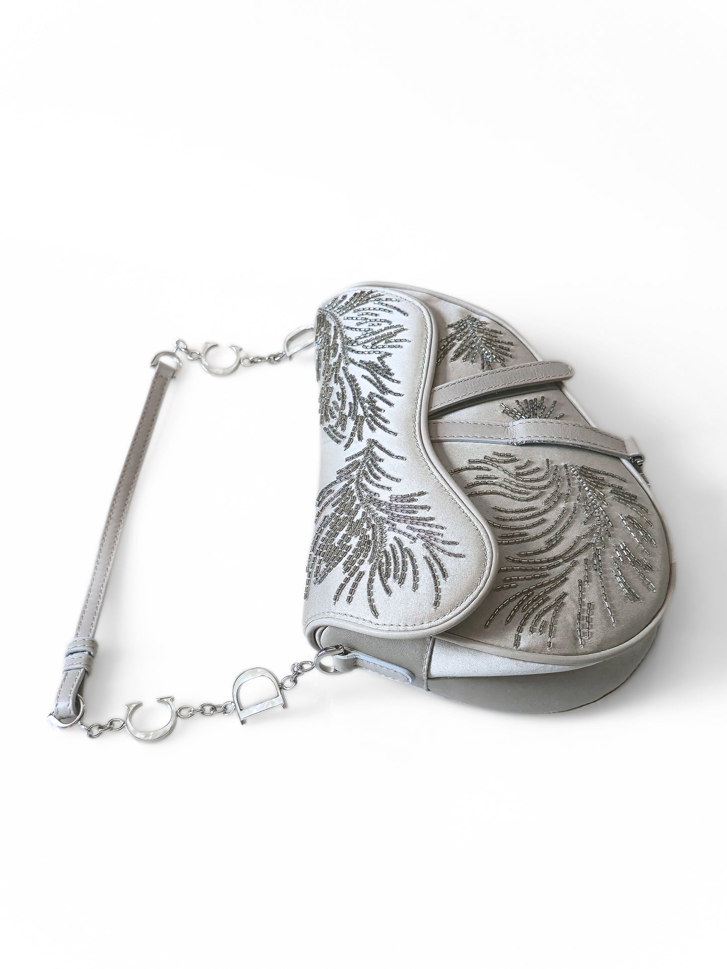 Dior Saddle Bag Limited Edition Beaded Silver Silk