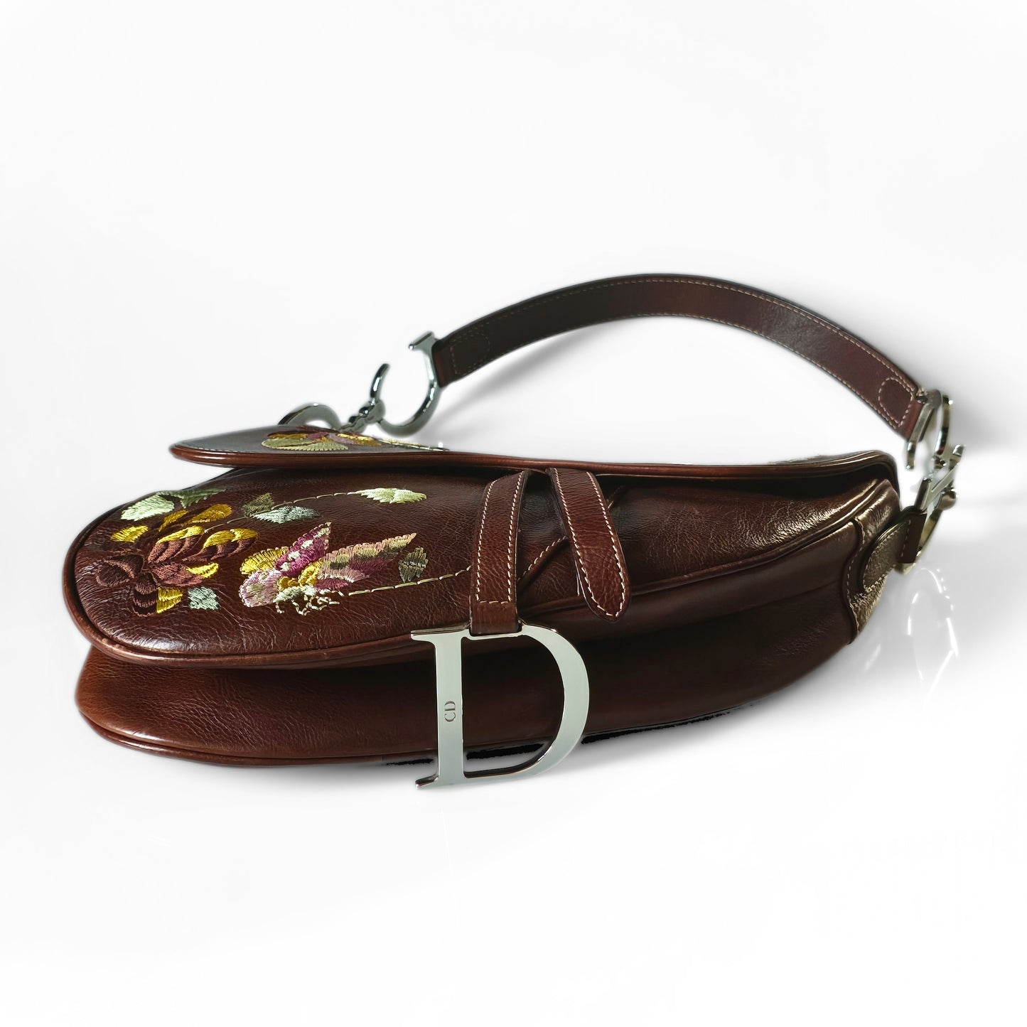 Dior Saddle Bag Floral Butterfly Embroidery Brown Leather