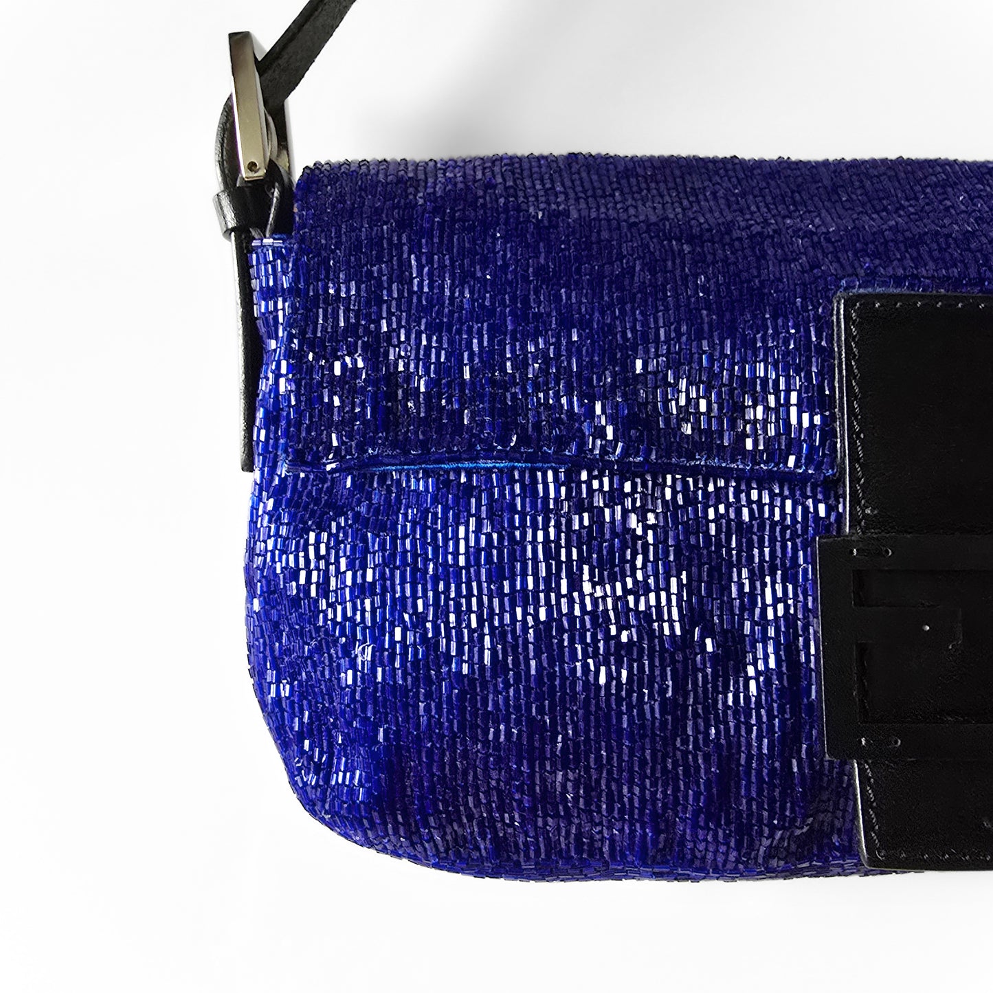 Fendi Baguette Beaded Sapphire Blue Black Leather Detail