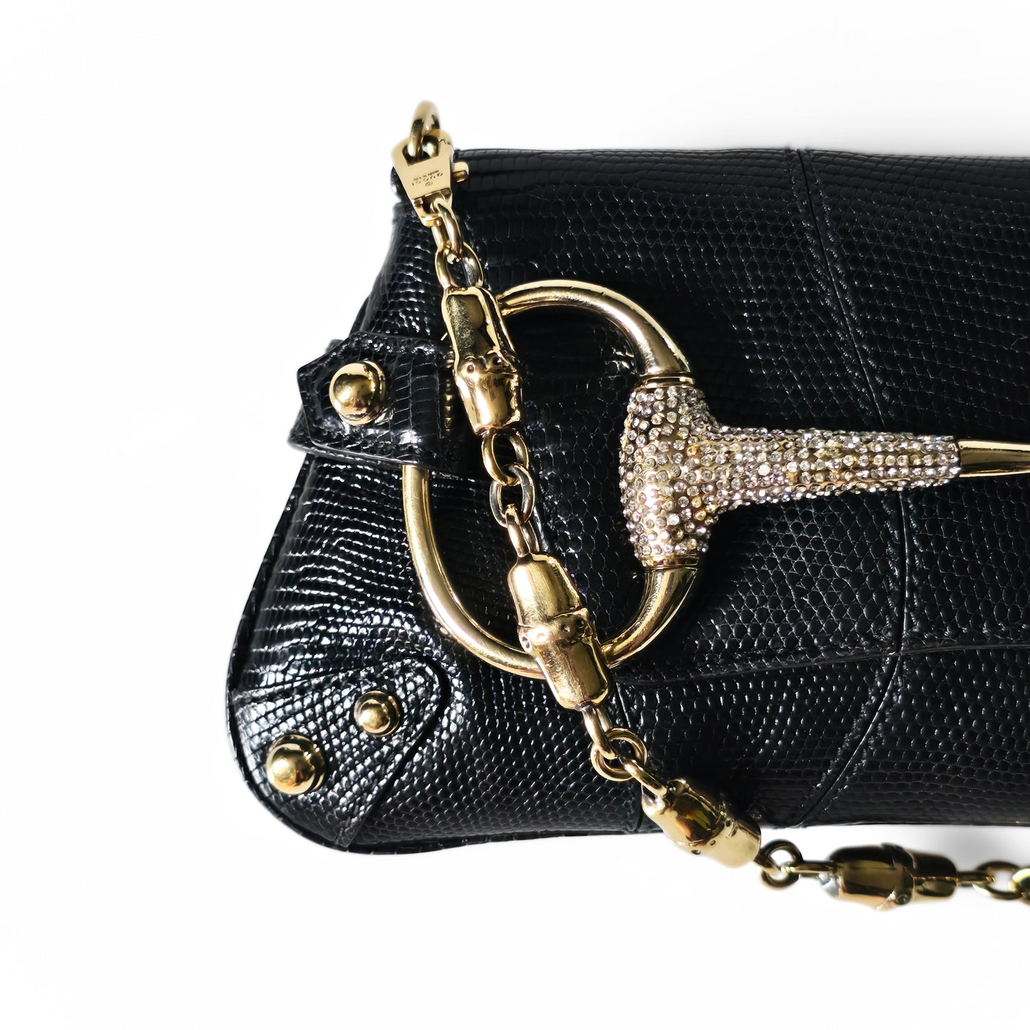 Gucci Horsebit Clutch Lizard Leather Crystal Hardware