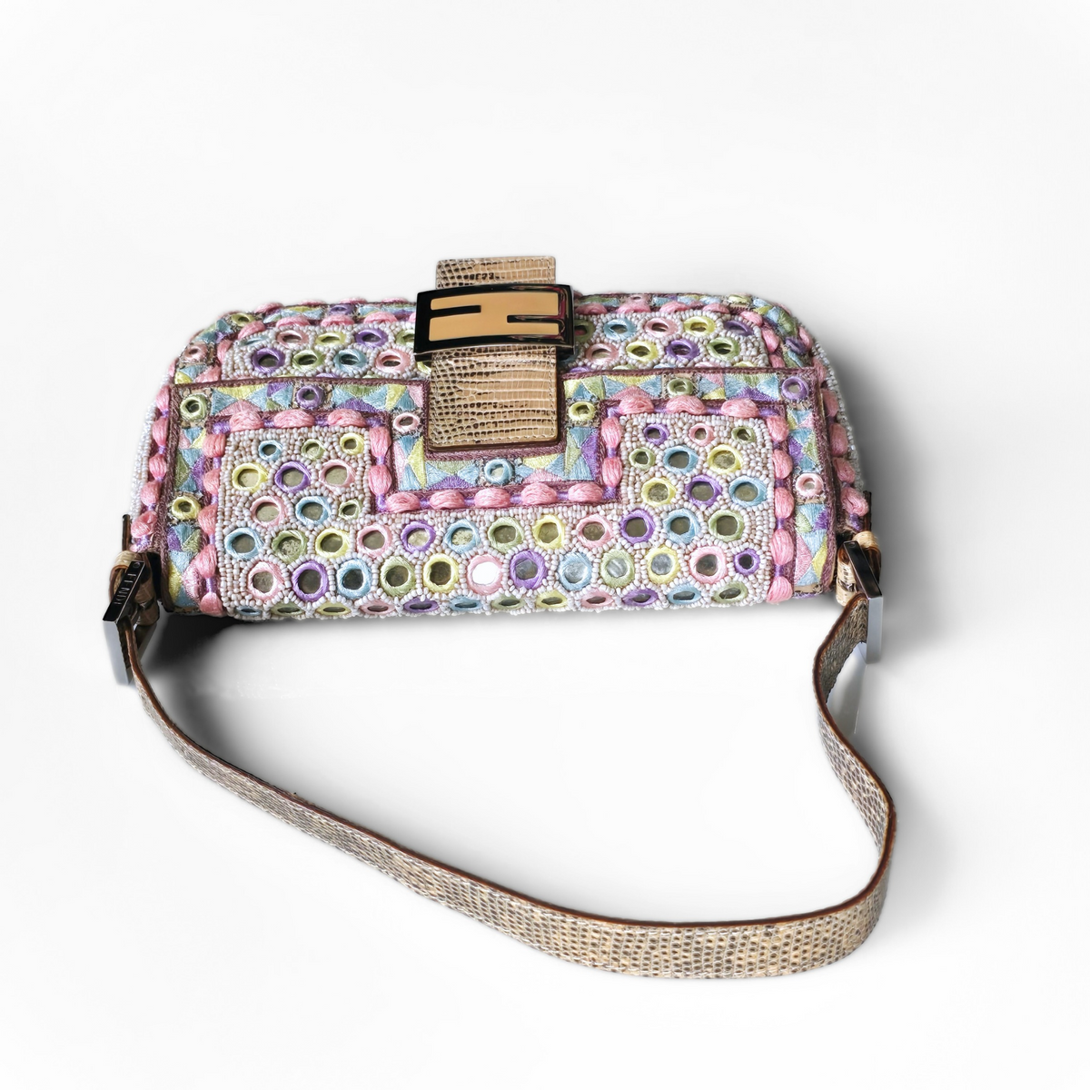 Fendi Baguette Pastels Mirror Embroidered Beaded Lizard Leather Trim